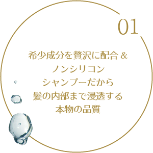 01.希少成分を贅沢に配合＆ノンシリコンシャンプーだから髪の内部まで浸透する本物の品質